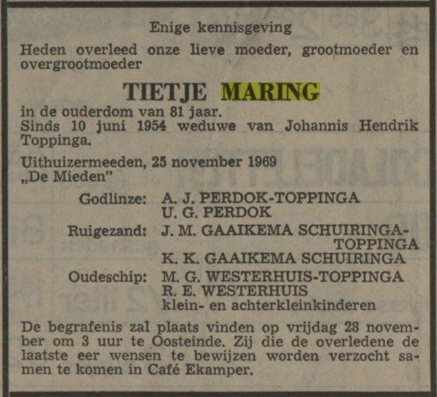 overlijdensadvertentie tietje maring on 25 Nov 1969.